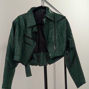 Vintage Cropped Green Leather Jacket